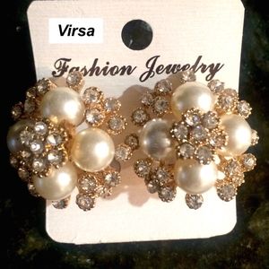 Pearls Earrings Gold White Studs With Crystals New
